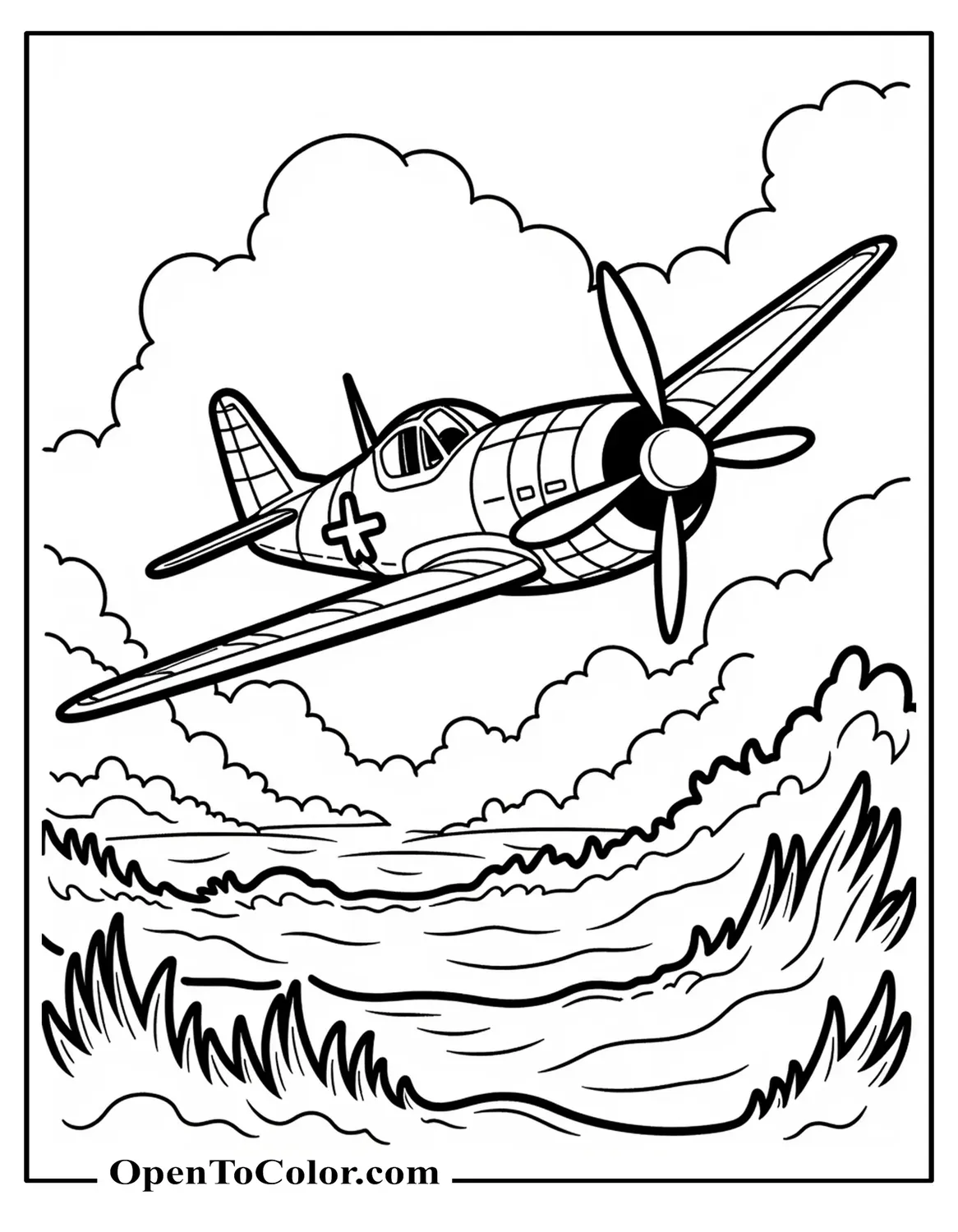 Printable coloring page of a World War 2 style fighter plane with propeller flying above simple battlefield landscape.