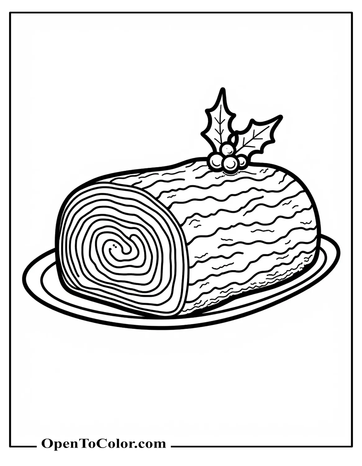 Printable Coloring Page of Yule Log Cake on a Platter, Spiral Slice Showing, Holly Garnish