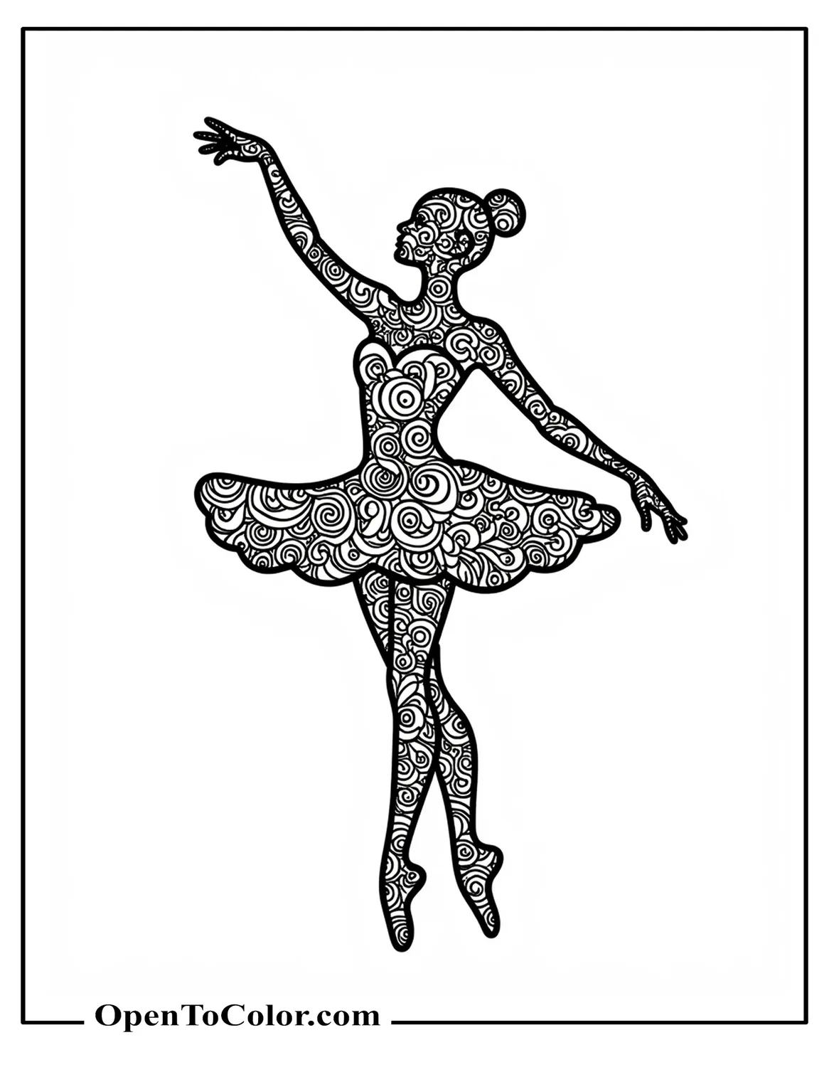Silhouette of a ballerina in arabesque filled with intricate zentangle patterns and swirls, coloring page PDF.